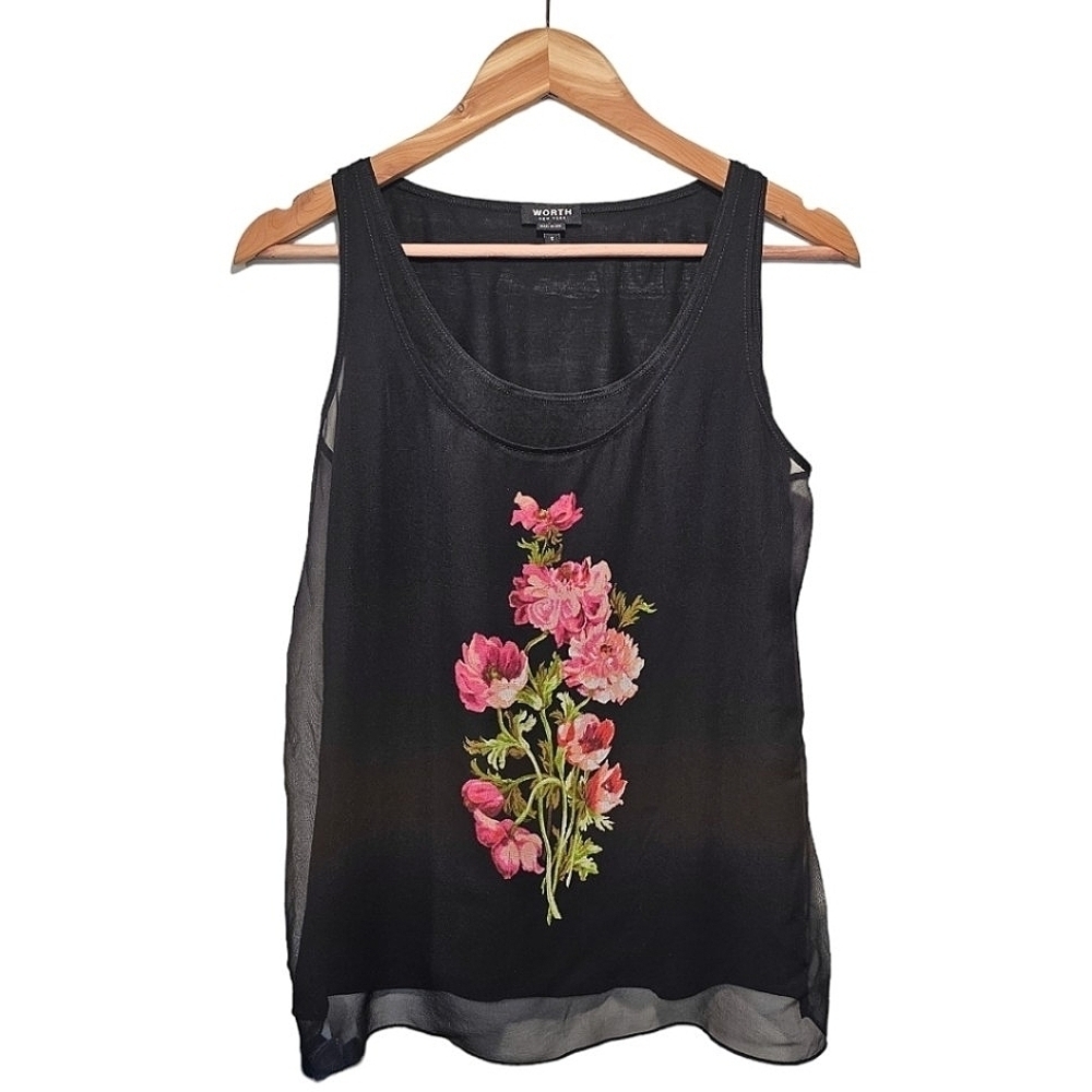 Worth NY 100% Silk Floral Peony Black Tank Top Size Small Lightweight Classic